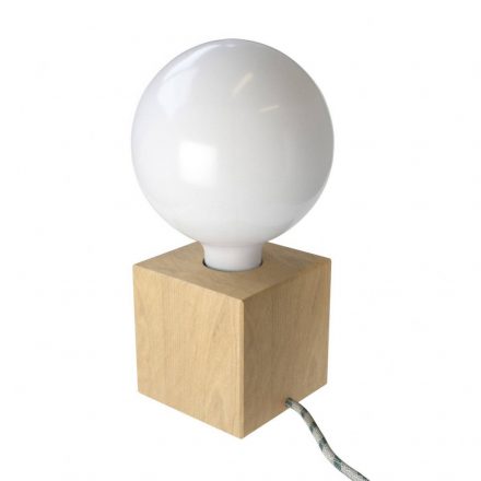  Posaluce Cubetto, wooden table lamp, with fabric cable, switch and UK plug