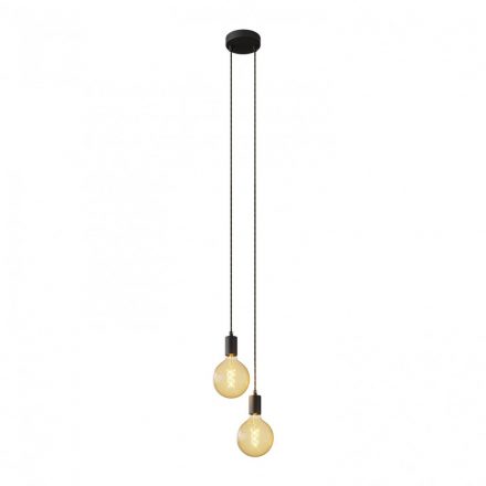  2-light, multi-suspended lamp with fabric cable and metal surface