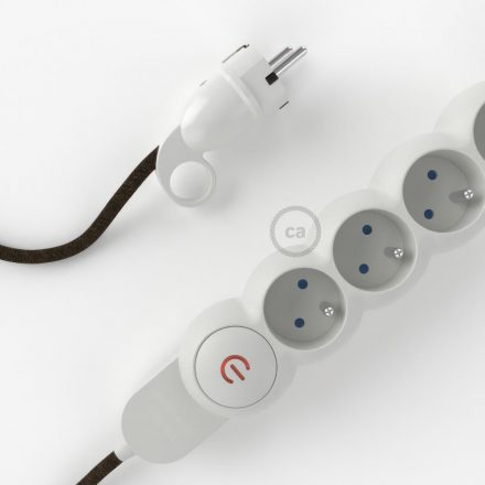 French Power Strip with electric cable covered with brown Natural Linen RN04 material and Schuko plug with comfort ring