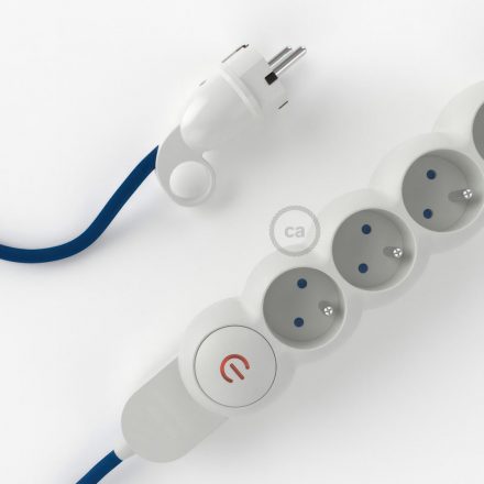  French Power Strip rayon blue RM12 with fabric covered electric cable and Schuko plug with comfort ring