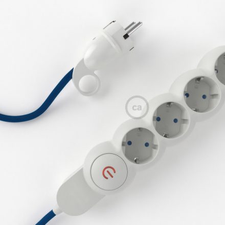  German Power Strip with rayon blue RM12 material-covered electric cable and Schuko plug with comfort ring