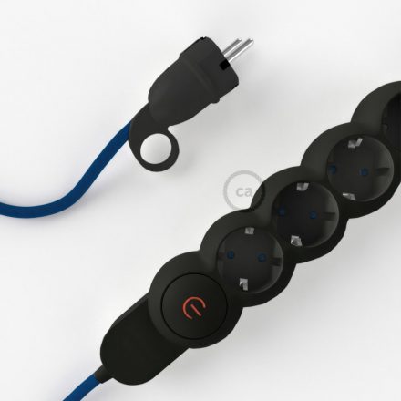  German Power Strip with rayon blue RM12 material-covered electric cable and Schuko plug with comfort ring