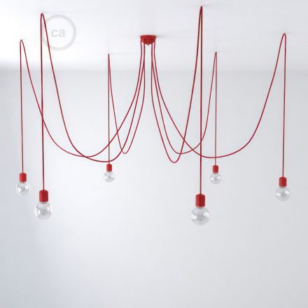  Multiple hanging lamp with 6 drops made in Italy with fabric cable and colored ceramic coating