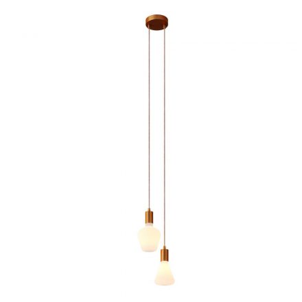  2-light, multi-suspended lamp with fabric cable and metal surface