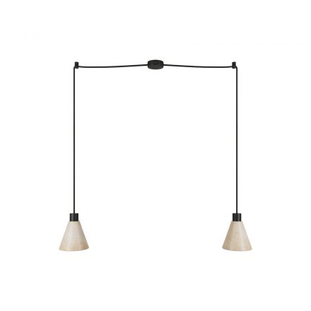  2 drop hanging lamps with wooden conical lampshades